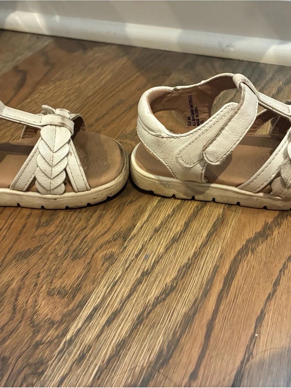 Kids Cream Braided T-Strap Sandals